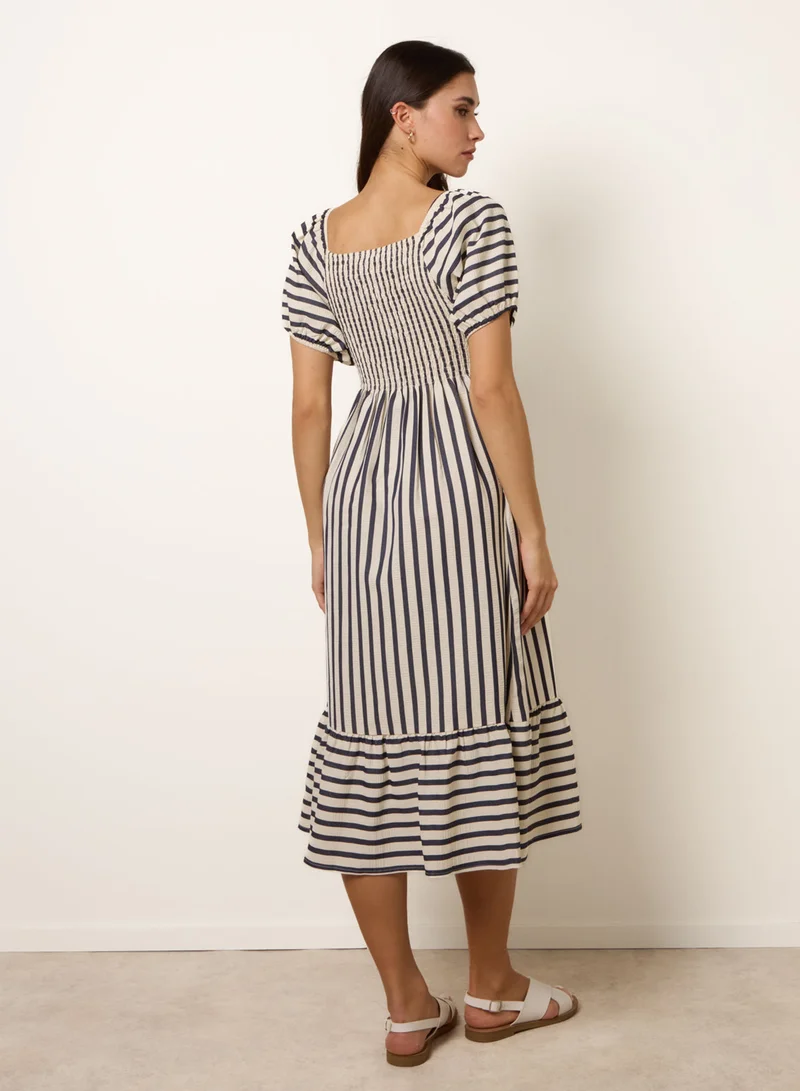 Blue Vanilla Square Neck Puff Sleeve Stripe Midi Dress