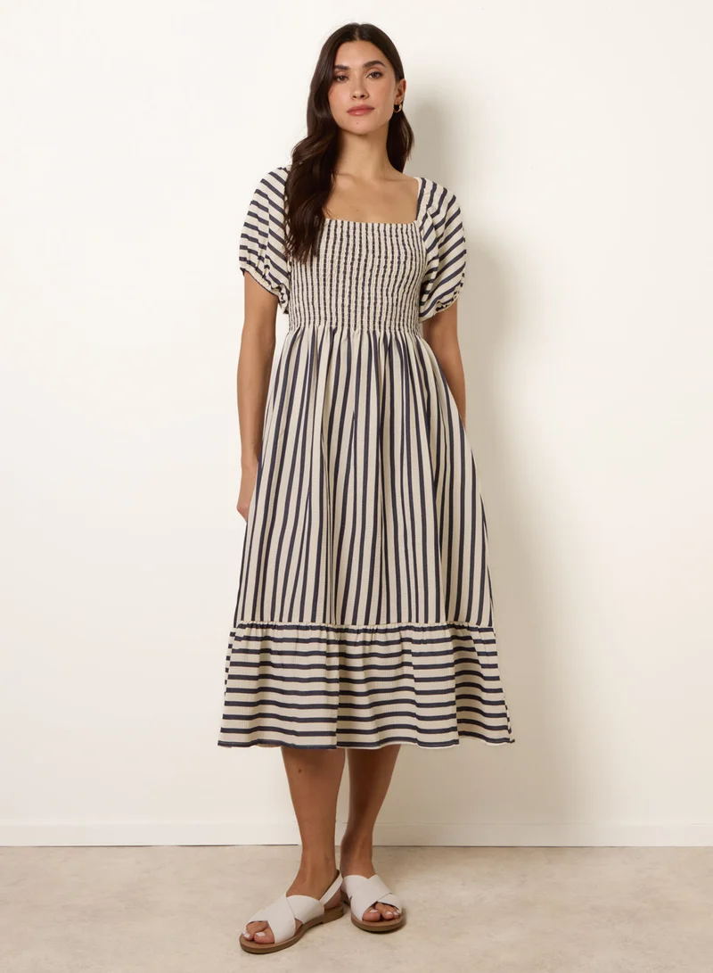 Blue Vanilla Square Neck Puff Sleeve Stripe Midi Dress
