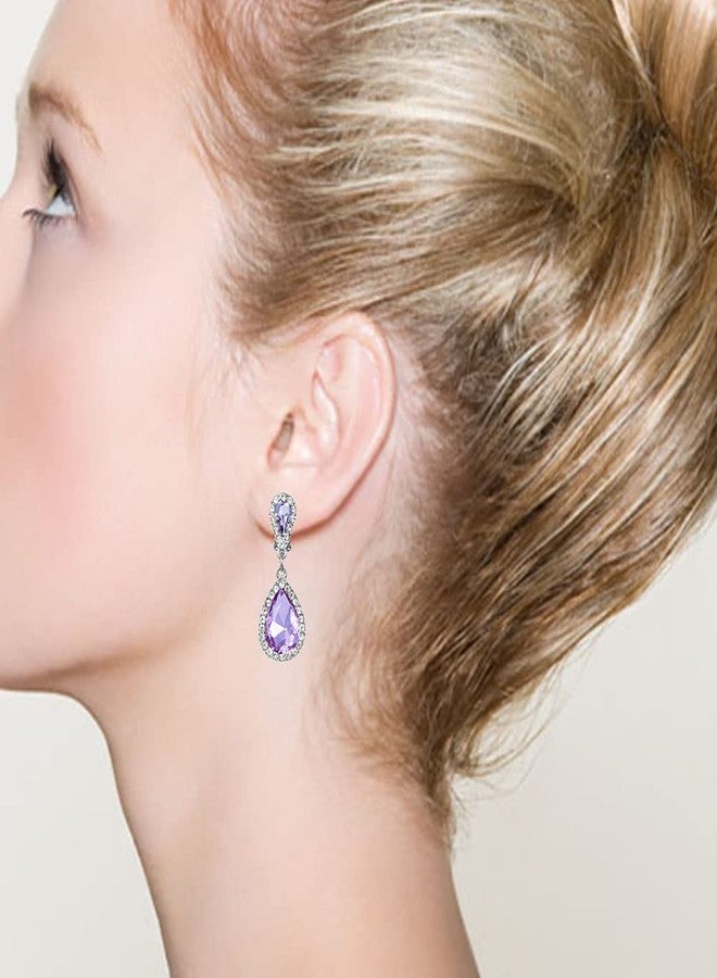 YINLI Classic Austrian Crystal Tear Drop Clip on Dangle Earrings for Women(Light purple) - Image 2