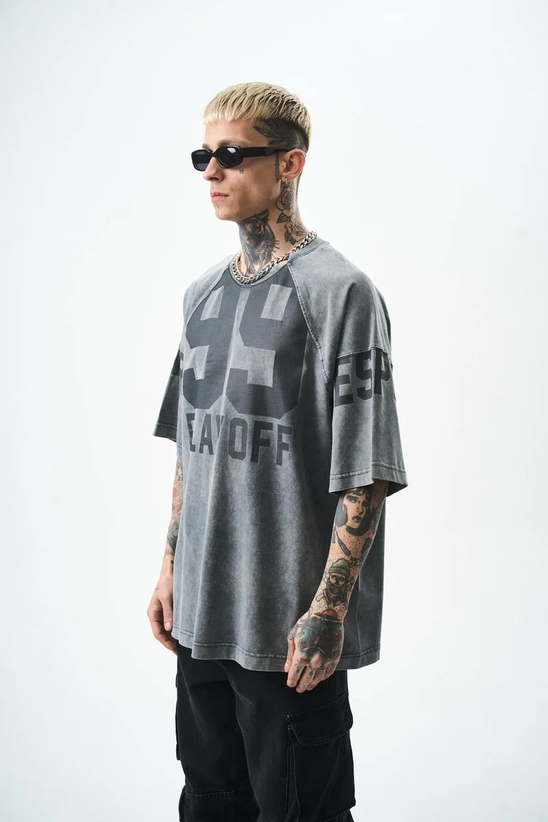 RESPIRE Men's PlayOff 99 Print Washed Oversize T-Shirt, Grey