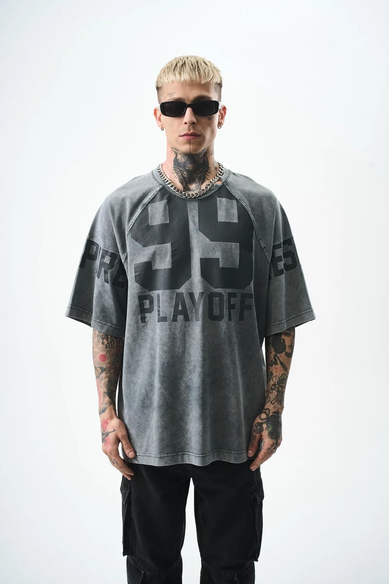 RESPIRE Men's PlayOff 99 Print Washed Oversize T-Shirt, Grey