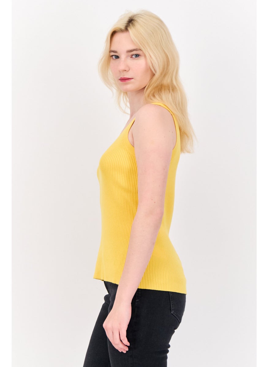 ESPRIT - Women Round Neck Ribbed Sleeveless Tops, Yellow - Image 1