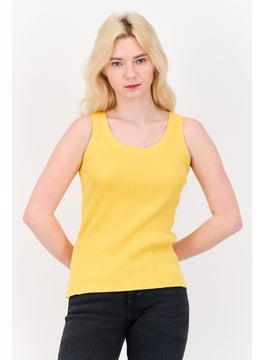 Women Round Neck Ribbed Sleeveless Tops, Yellow