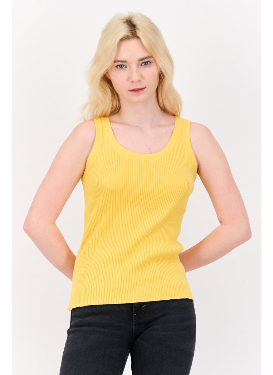 ESPRIT - Women Round Neck Ribbed Sleeveless Tops, Yellow - Image 1