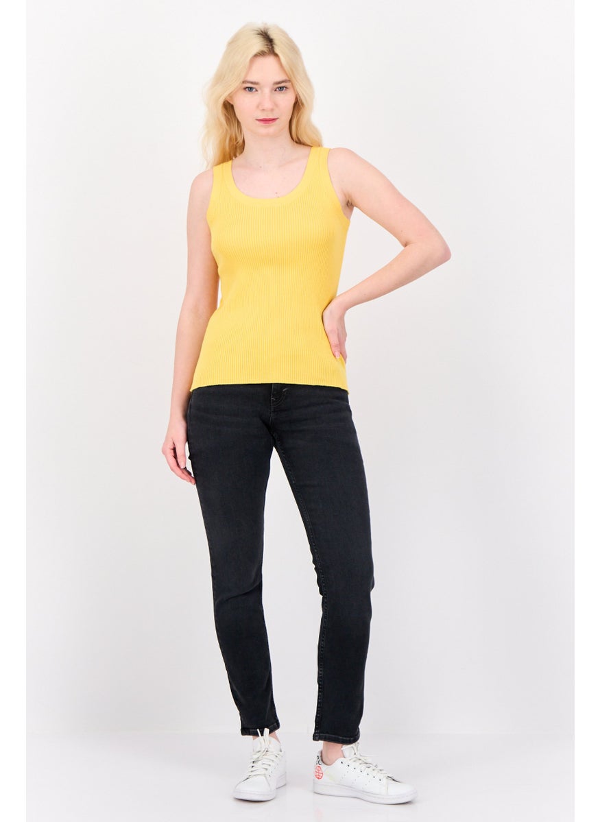 ESPRIT - Women Round Neck Ribbed Sleeveless Tops, Yellow - Image 1