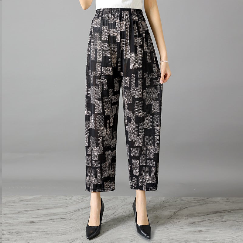 Summer Womens Ice Silk Pants Middle-aged and Elderly Loose Casual Home Pants Elacto Plus Fat Mother Pants Square Sports No.31 Nine-point Straight Pants 