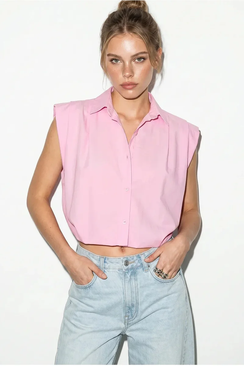 بيانكو لوتشي LUCCI Women's Sleeveless Cropped Poplin Shirt