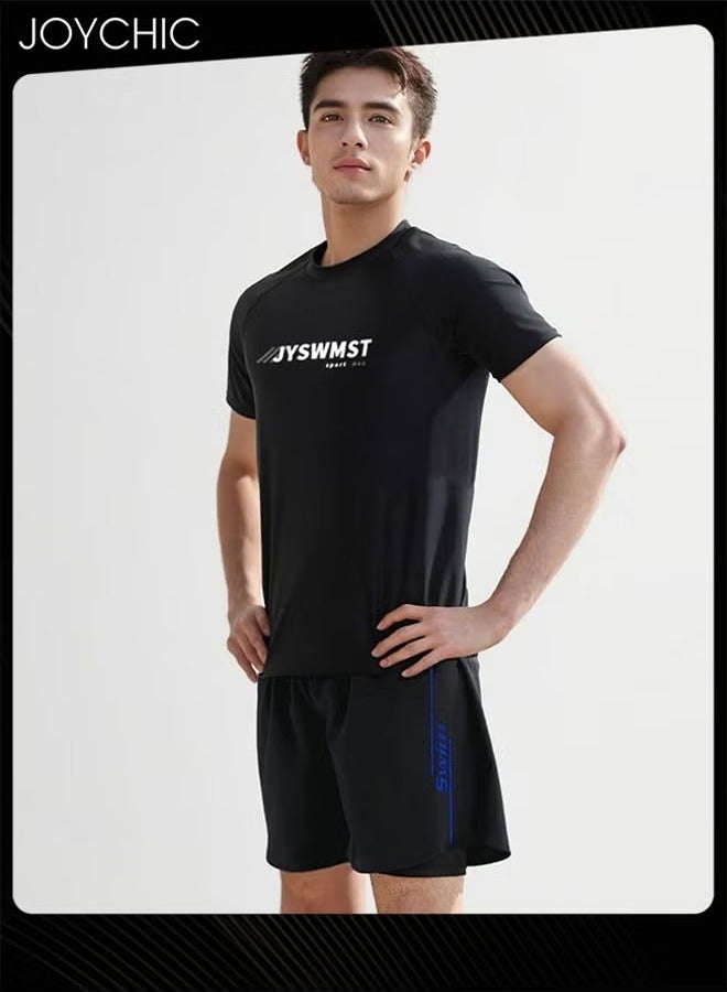 Joychic 2-Piece Men's Short Sleeve Round Neck Sportswear Set Fashion Loose Fitting Summer Quick Drying Sun Protection Set with Double Layer Shorts for Outdoor - Image 1