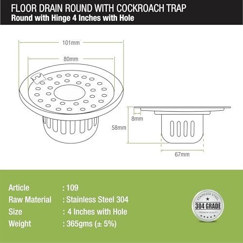 LIPKA Round Floor Drain |304-Grade Stainless Steel | 4 Inches| with Cockroach Trap/Jali & Hinge| Floor Drain for Bathroom Drainer Jali | - Image 2