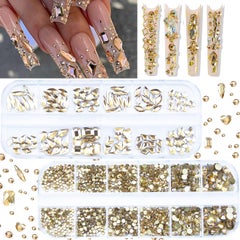 CESUSME 2120 Pcs Champagne Gold Crystal Nail Rhinestones Round Beads Flatback Glass Gems Stones Multi Shapes Sizes Gold Rhinestones Nail Crystals for Nail DIY Crafts Clothes Shoes Jewelry 