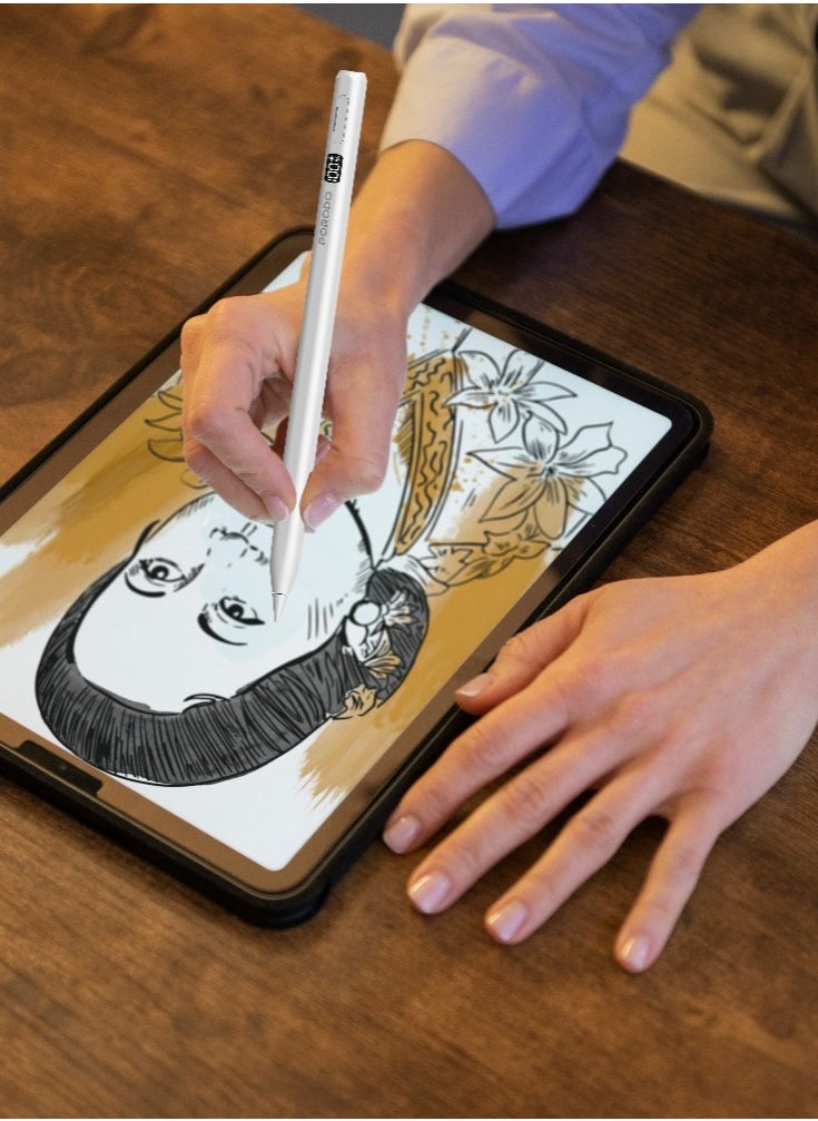 porodo Magnetic Active Stylus Pen for iPad Works with 2018-2025 Models with Palm Rejection and Tilt Sensitivity / Rechargeable Smart pen / Magnetic Attachment - White  - Image 2