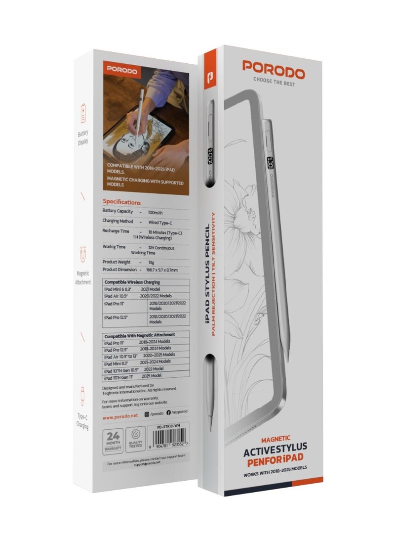 porodo Magnetic Active Stylus Pen for iPad Works with 2018-2025 Models with Palm Rejection and Tilt Sensitivity / Rechargeable Smart pen / Magnetic Attachment - White  - Image 3