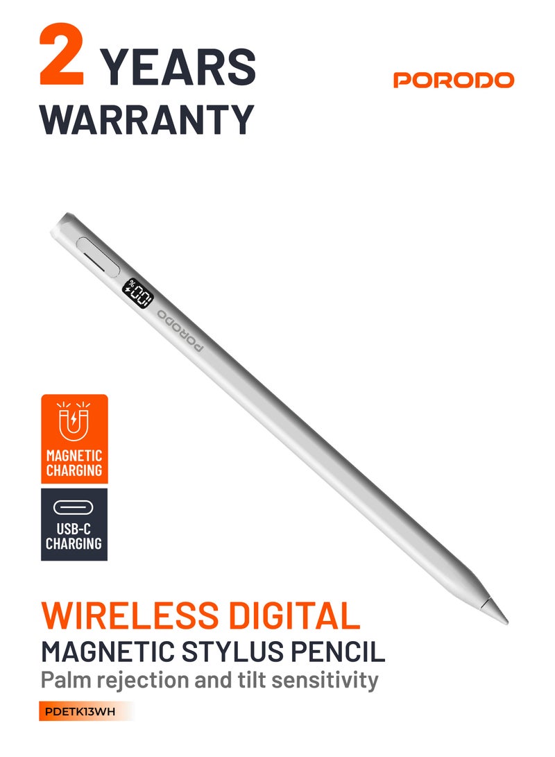 porodo Magnetic Active Stylus Pen for iPad Works with 2018-2025 Models with Palm Rejection and Tilt Sensitivity / Rechargeable Smart pen / Magnetic Attachment - White - Image 1
