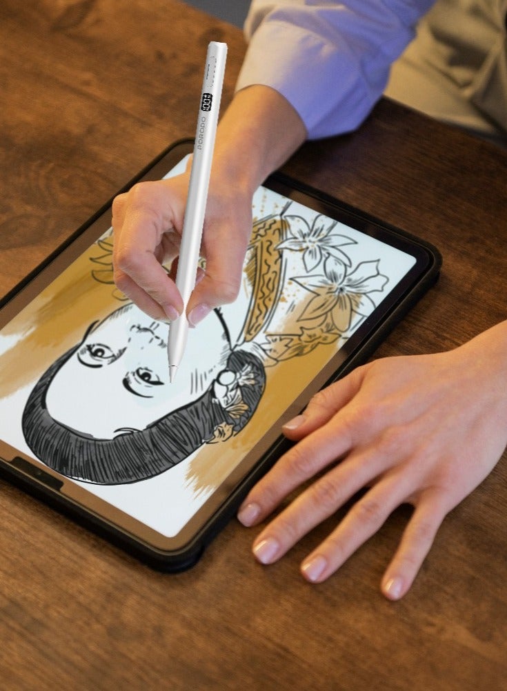 porodo Magnetic Active Stylus Pen for iPad Works with 2018-2025 Models with Palm Rejection and Tilt Sensitivity / Rechargeable Smart pen / Magnetic Attachment - White - Image 3
