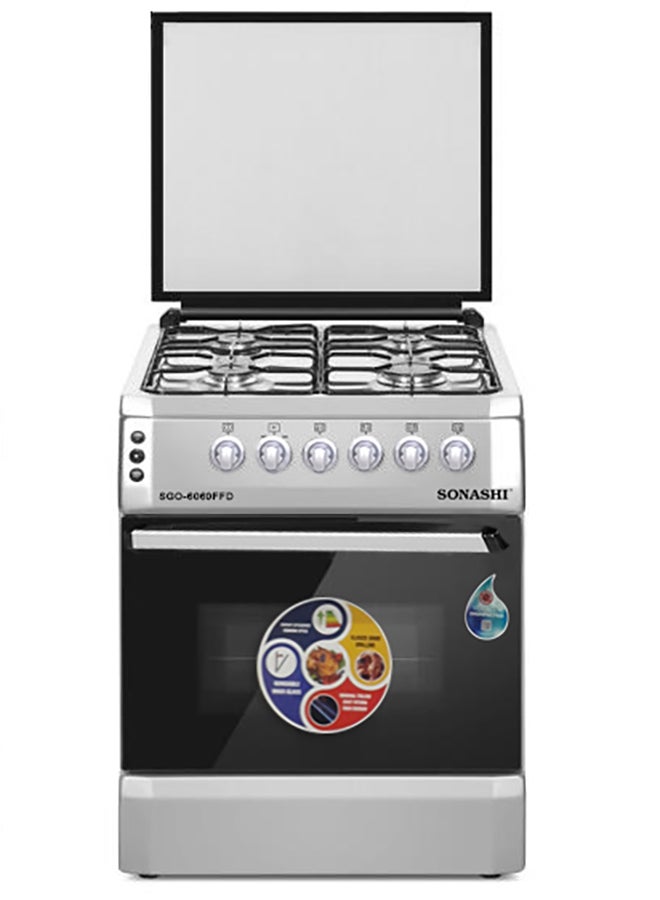 SONASHI Free Standing Gas Oven 60x60 - 4 Burners | Glass lid, Fixed Drawer, Stainless Steel Housing with Electric Ignition | Over has Lamp, Timer and Chicken Rotisserie | Made in Turkey SGO-6060FFD Silver/Black - Image 1