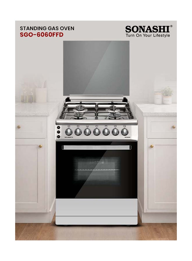 SONASHI Free Standing Gas Oven 60x60 - 4 Burners | Glass lid, Fixed Drawer, Stainless Steel Housing with Electric Ignition | Over has Lamp, Timer and Chicken Rotisserie | Made in Turkey SGO-6060FFD Silver/Black - Image 2