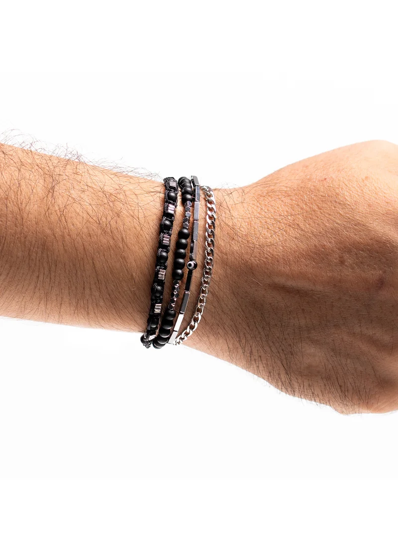CHRYSOSTOMOS Handmade Adjustable Beaded Multi-Line Bracelet with Black Onyx, Hematite Nut, Tube, Black Glass Eye and Silver Brass Chain