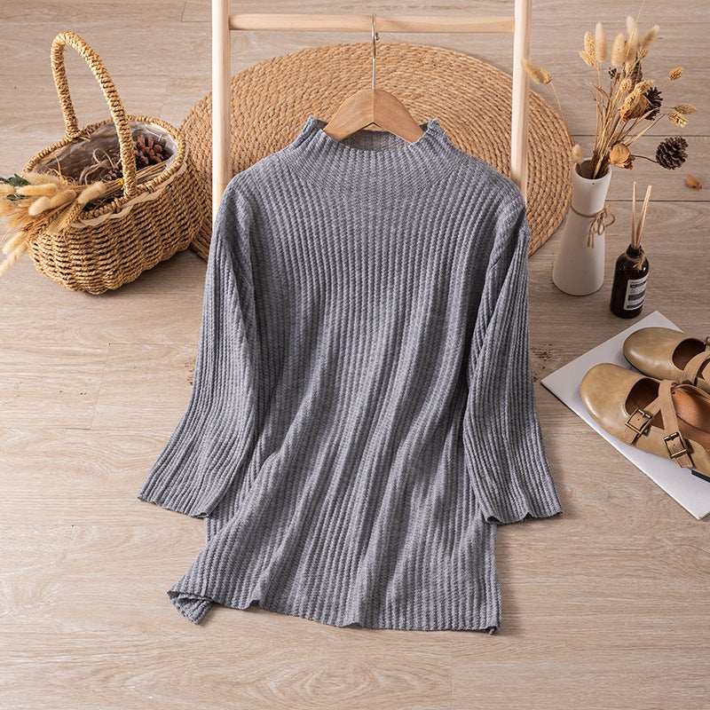 5098 Merino Wool Mid-Sleeve Base T-Shirt Soft Waxy Stretch Inner Half-High Collar Knitted Base Shirt - Image 1