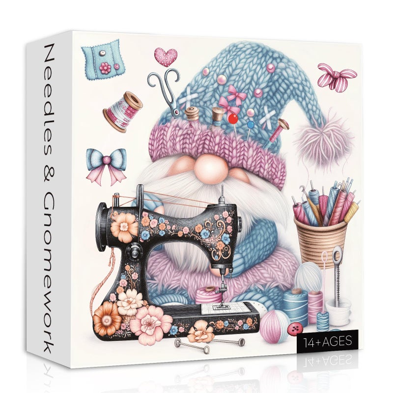 PPuzzling Cute Blue Gnome Puzzles for Adults 1000 Pieces Vintage Flower Sewing Machine Jigsaw Puzzles Funny Challenging Puzzle as Spring Art - Image 3