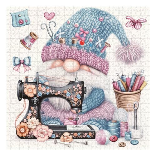 PPuzzling Cute Blue Gnome Puzzles for Adults 1000 Pieces Vintage Flower Sewing Machine Jigsaw Puzzles Funny Challenging Puzzle as Spring Art - Image 5