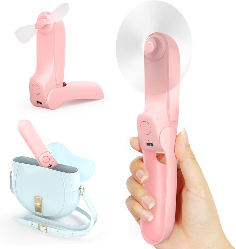 Koonie Portable Pink Fan - Foldable Mini Hand Fan for Travel, Women, Indoor Outdoor Use - Battery Operated with 8 Hour Run Time