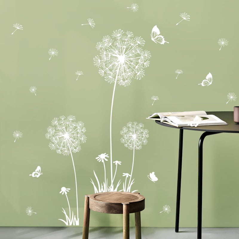 2 Sheets Dandelion Wildflower Wall Decals Art Wall Stickers Peel and Stick Floral Butterflies Flying Decor for Girls Kids Women Baby Nursery Living Room Bedroom Bathroom Hallway Stairwell White