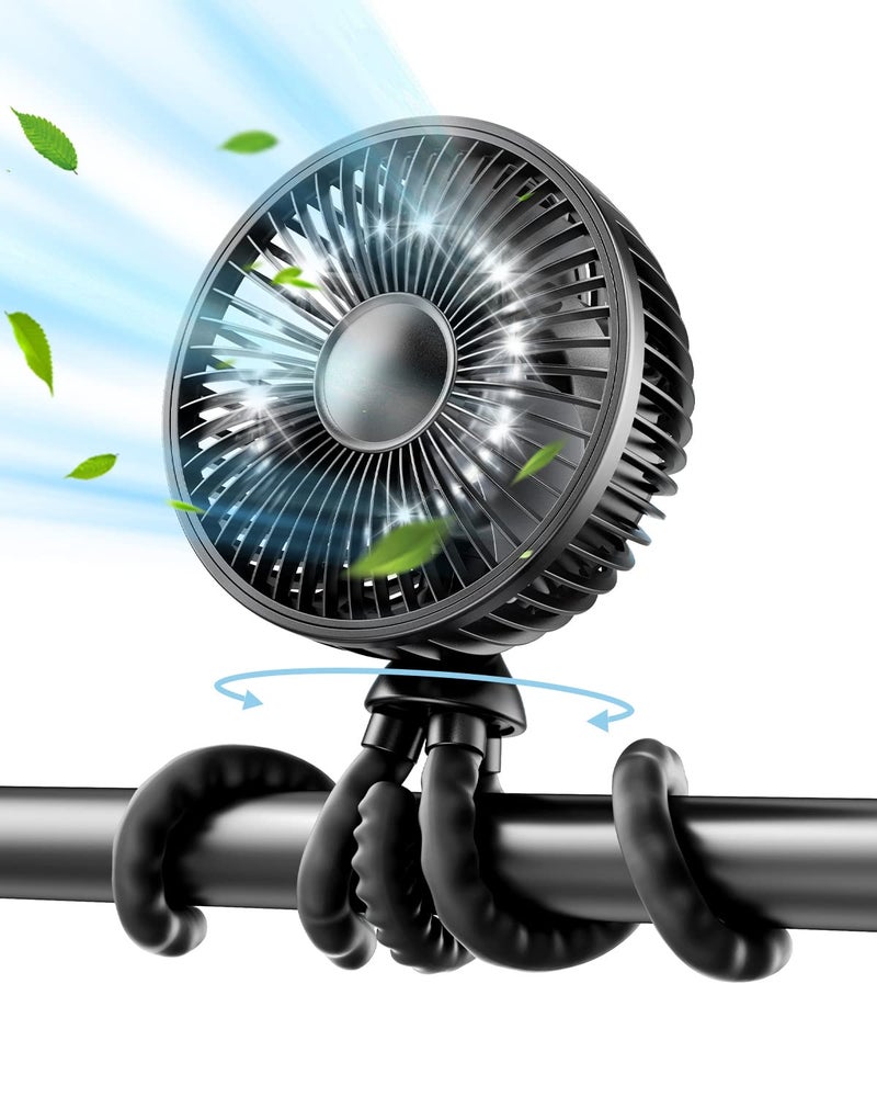 Gaiatop Baby Stroller Fan, 4000mAh Oscillating Mini Portable Fan with Light, 4 Speeds Battery Operated Small Handheld Desk Fan, 360Â° Rotate Flexible Tripod Clip On Fan for Car Seat Crib Travel Black - Image 1