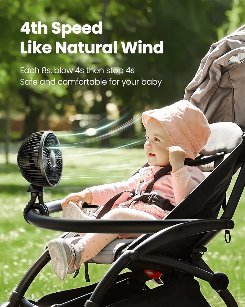Gaiatop Baby Stroller Fan, 4000mAh Oscillating Mini Portable Fan with Light, 4 Speeds Battery Operated Small Handheld Desk Fan, 360Â° Rotate Flexible Tripod Clip On Fan for Car Seat Crib Travel Black - Image 3