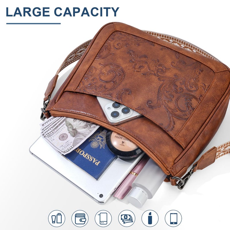 VIMUTI Crossbody Bags for Women,Vegan Leather Crossbody Purse with Adjustable Strap Embossed Flower Women's Shoulder Handbags (01-Brown) - Image 4