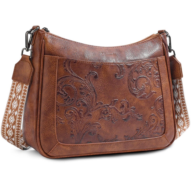 VIMUTI Crossbody Bags for Women,Vegan Leather Crossbody Purse with Adjustable Strap Embossed Flower Women's Shoulder Handbags (01-Brown) - Image 1