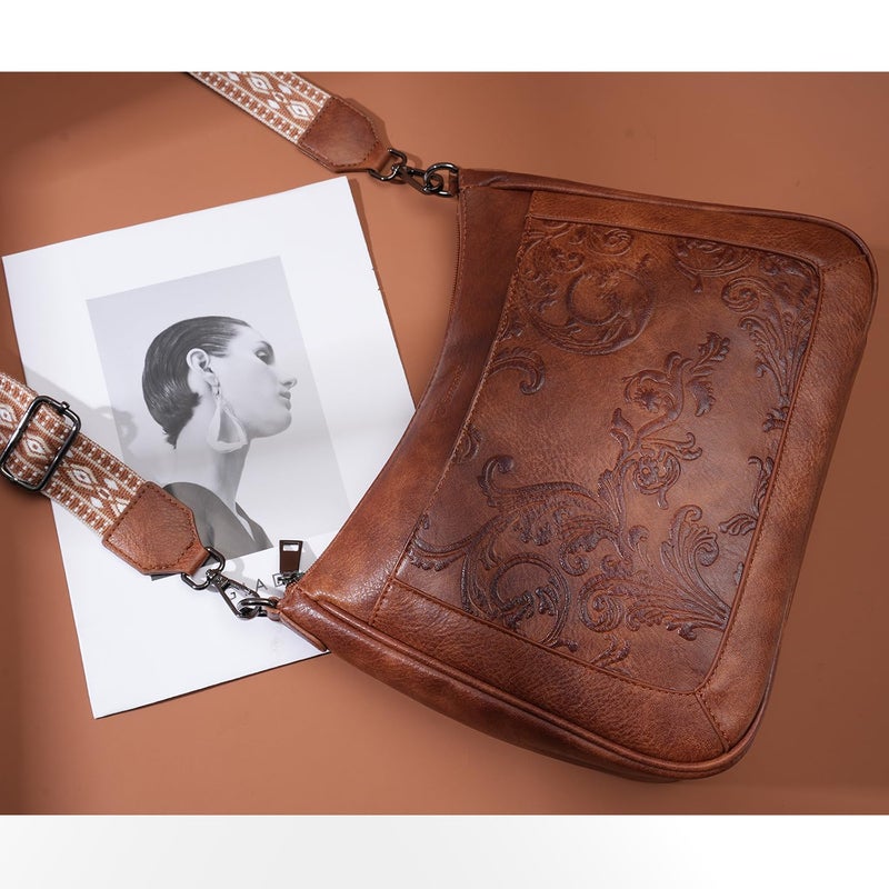 VIMUTI Crossbody Bags for Women,Vegan Leather Crossbody Purse with Adjustable Strap Embossed Flower Women's Shoulder Handbags (01-Brown) - Image 3