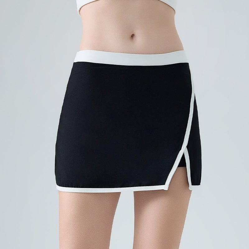 Generic Cross-border Color-blocking Anti-glare Sports Shorts Womens High Waist Tennis Skirt Cloud Sense Running Fitness A- line Yoga Dress Black