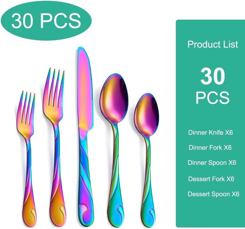 Seeshine Rainbow Silverware Set for 6 30Piece Stainless Steel Flatware Set Shiny Rainbow Metal Cutlery Set Include Fork Knife and Spoon Set Dishwasher Safe - Image 3