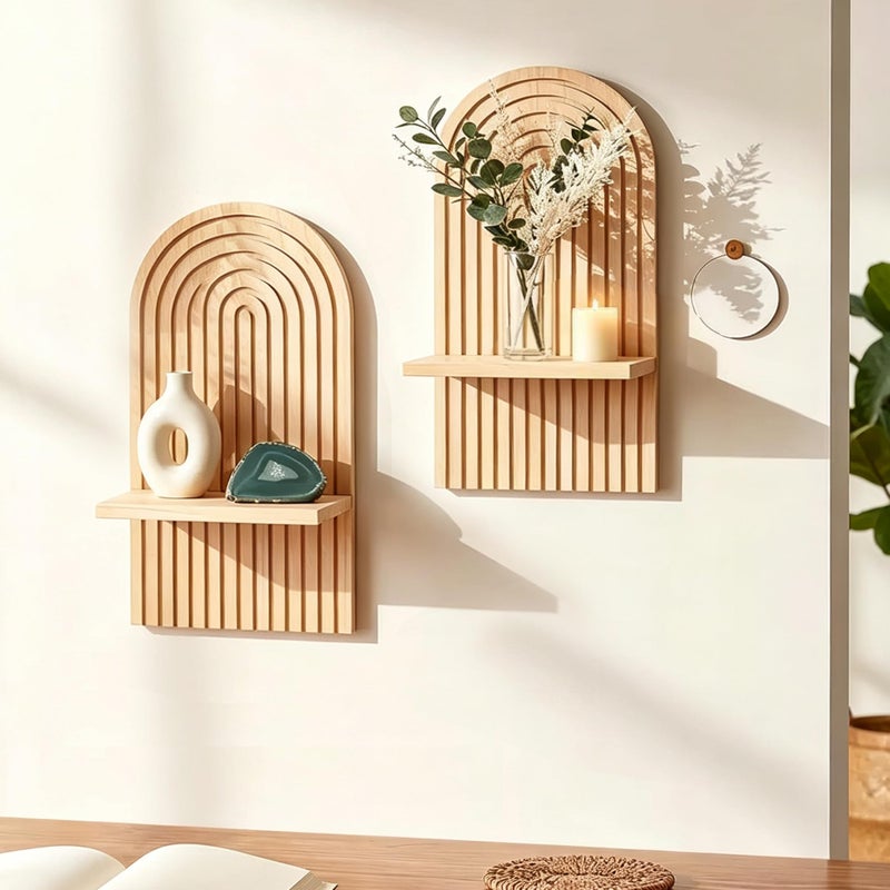 LIYAOLI Boho Wall Shelf Set of 215 x 86 Inch Arched Wooden Hanging Shelves for Living Room Bedroom MidCentury Modern Bohemian Wall Decor Natural Wood Finish - Image 2