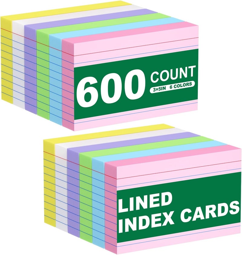 600 بطاقة فهرس ملونة 3x5 مع خطوط، بطاقات تعليمية للدراسة، 12 عبوة من 50، بطاقات ملونة متعددة الألوان مع خطوط، بطاقات تعليمية باللون النيون، بطاقات ملاحظات، بطاقات فهرس 3x5 للمدرسة، المنزل، المكتب - Image 1