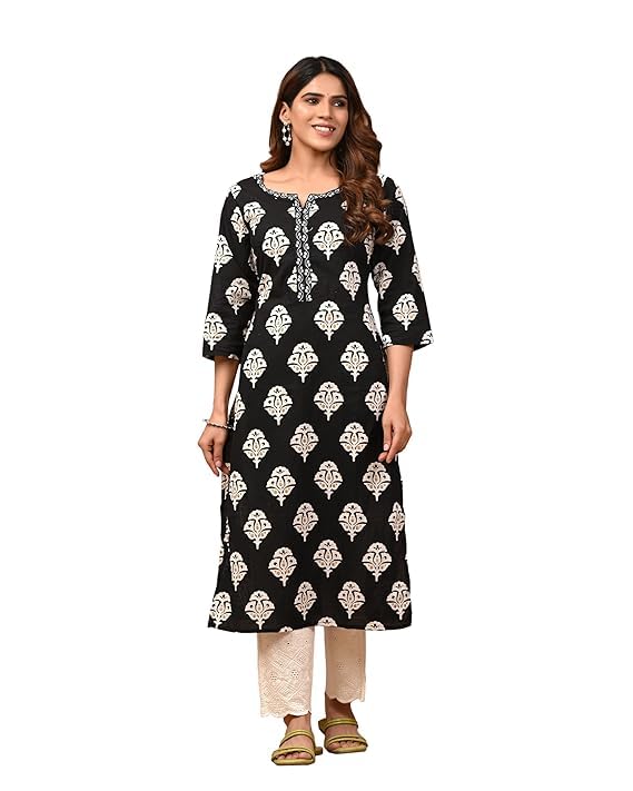 LAVANDIS Cotton Straight Kurta for Womens Pritned Calf Length Girls Kurti Casual Wear Dress Black - Image 1