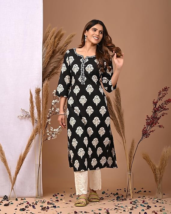 LAVANDIS Cotton Straight Kurta for Womens Pritned Calf Length Girls Kurti Casual Wear Dress Black - Image 4