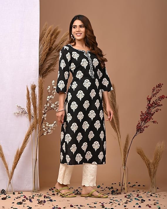 LAVANDIS Cotton Straight Kurta for Womens Pritned Calf Length Girls Kurti Casual Wear Dress Black - Image 5