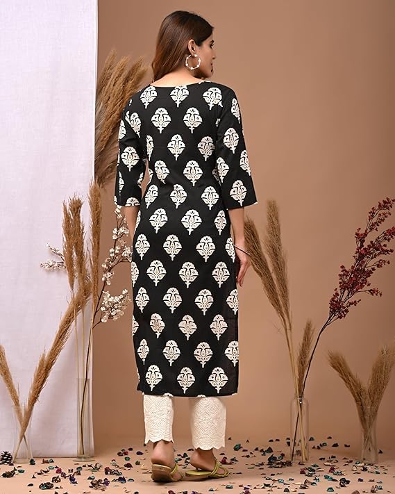 LAVANDIS Cotton Straight Kurta for Womens Pritned Calf Length Girls Kurti Casual Wear Dress Black - Image 3