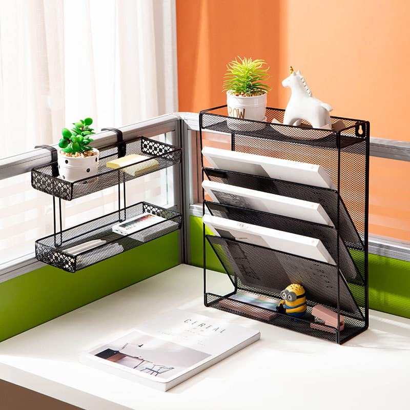 SUKHAD Mesh File Organizer 3 Tier File Rack & 2 Compartment Stationery Wall Mount Hanging File Organizer | 40.5 x 32.5 x 10.5 Cm|Metal| Black - Image 2