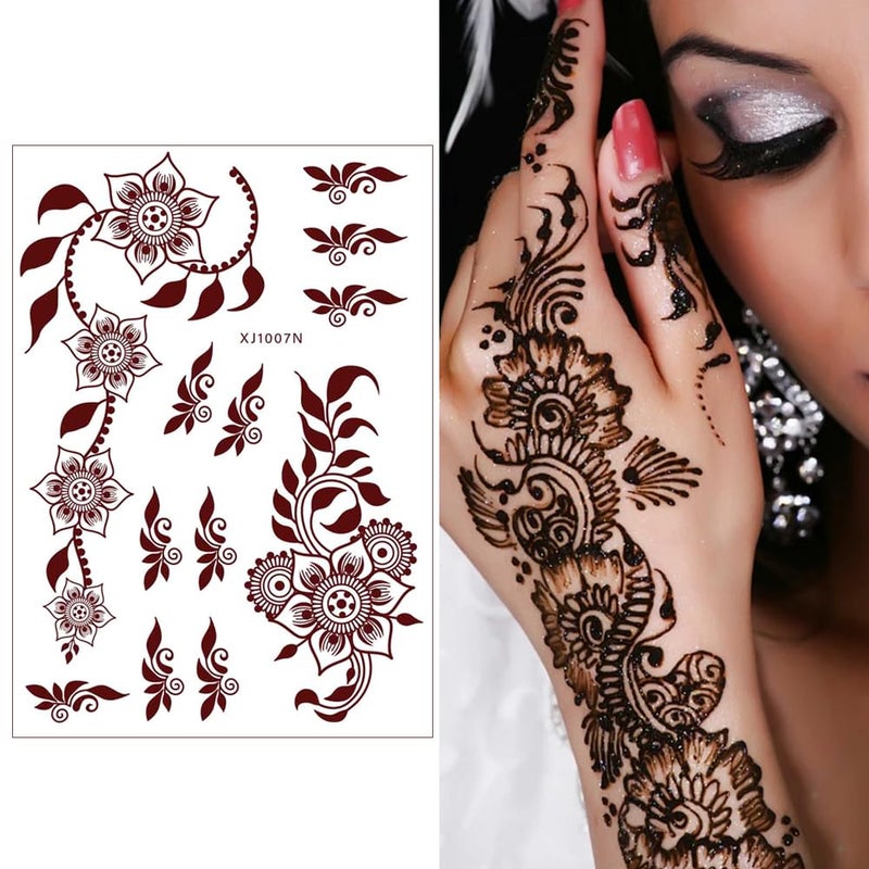 Xmasir 12 Sheets Henna Temporary Tattoo Kit, Waterproof Brown Tattoo Stickers for Girls Women Wedding Party Body Art Stickers (Brown-2) - Image 2