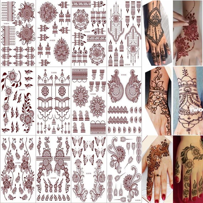 Xmasir 12 Sheets Henna Temporary Tattoo Kit, Waterproof Brown Tattoo Stickers for Girls Women Wedding Party Body Art Stickers (Brown-2) - Image 1
