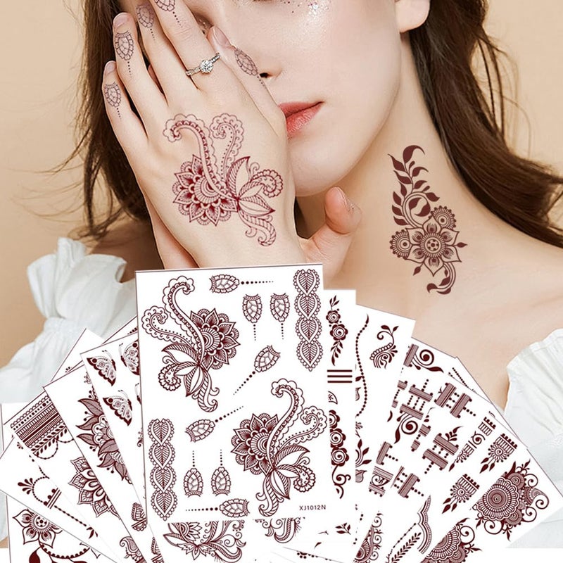 Xmasir 12 Sheets Henna Temporary Tattoo Kit, Waterproof Brown Tattoo Stickers for Girls Women Wedding Party Body Art Stickers (Brown-2) - Image 5