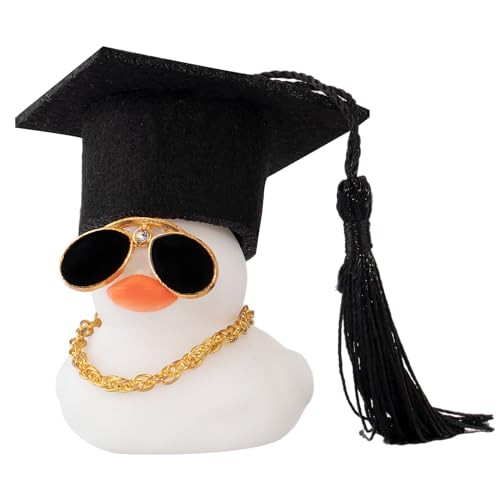 wonuu Car Dashboard Decor Graduation Hat Color Rubber Duck, Car Ducks Ornaments with Mini Graduation Hat Necklace Sunglasses (White) - Image 1