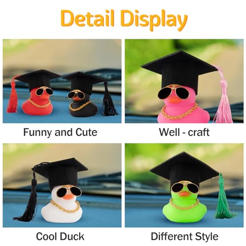 wonuu Car Dashboard Decor Graduation Hat Color Rubber Duck, Car Ducks Ornaments with Mini Graduation Hat Necklace Sunglasses (White) - Image 5