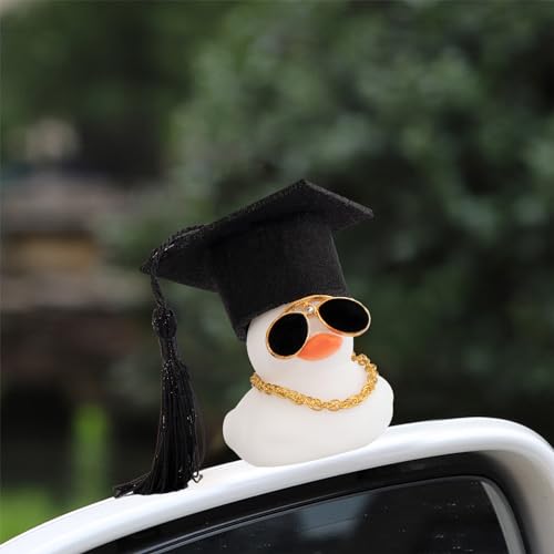 wonuu Car Dashboard Decor Graduation Hat Color Rubber Duck, Car Ducks Ornaments with Mini Graduation Hat Necklace Sunglasses (White) - Image 2
