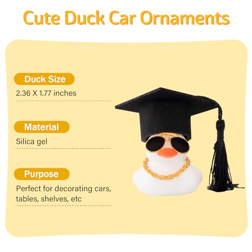 wonuu Car Dashboard Decor Graduation Hat Color Rubber Duck, Car Ducks Ornaments with Mini Graduation Hat Necklace Sunglasses (White) - Image 3
