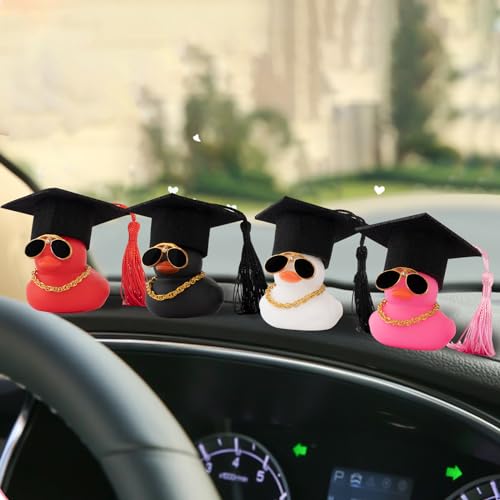 wonuu Car Dashboard Decor Graduation Hat Color Rubber Duck, Car Ducks Ornaments with Mini Graduation Hat Necklace Sunglasses (White) - Image 4