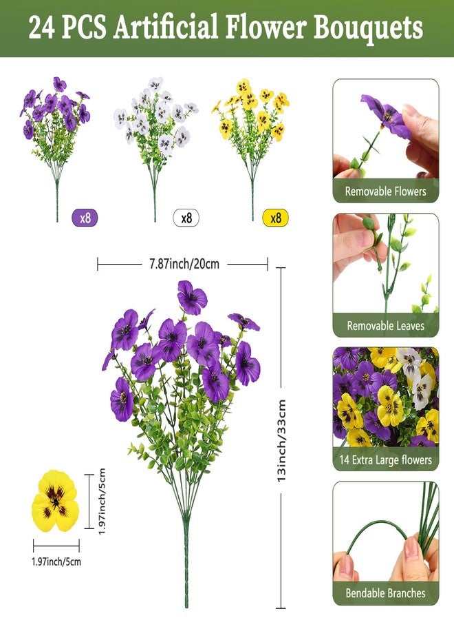 Alupssuc 24 Bundles Artificial Flowers for Outdoors, Fake Spring Flowers for Decoration, UV Resistant Realistic Pansies with Eucalyptus Silk Faux Flowers for Porch Patio Yard, Eggplant Yellow White - Image 4