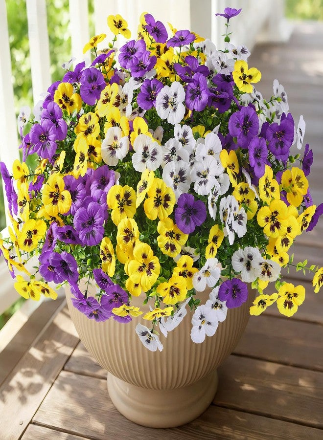 Alupssuc 24 Bundles Artificial Flowers for Outdoors, Fake Spring Flowers for Decoration, UV Resistant Realistic Pansies with Eucalyptus Silk Faux Flowers for Porch Patio Yard, Eggplant Yellow White - Image 1